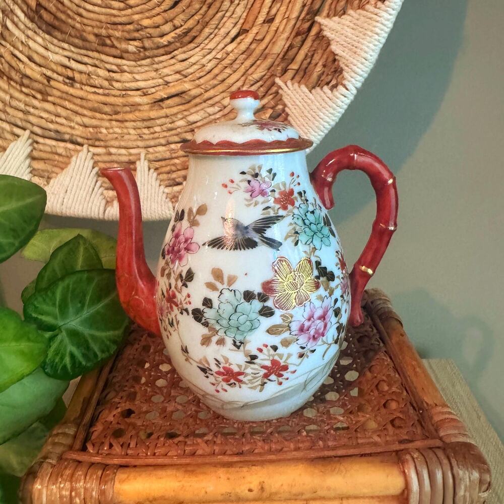 Vintage Chinoiserie Hand painted Bird Floral Teapot - Cottagecore Bamboo Vase